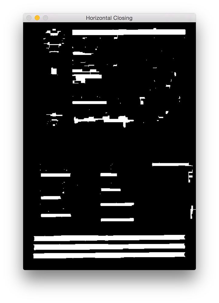 Figura 4: aplicando uma operação de fechamento usando um kernel retangular (que é mais largo do que alto) para fechar lacunas entre os caracteres MRZ 