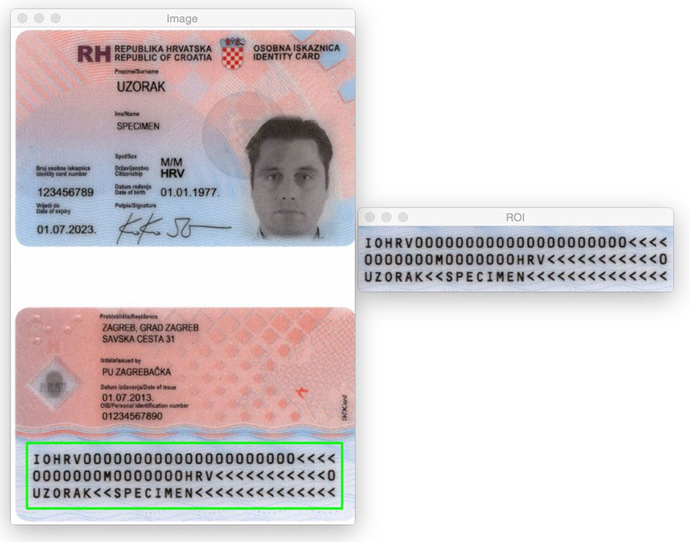  Figure 10: Encore une fois, nous sommes en mesure de détecter la MRZ dans le scan du passeport en utilisant des techniques de traitement d'image de base.