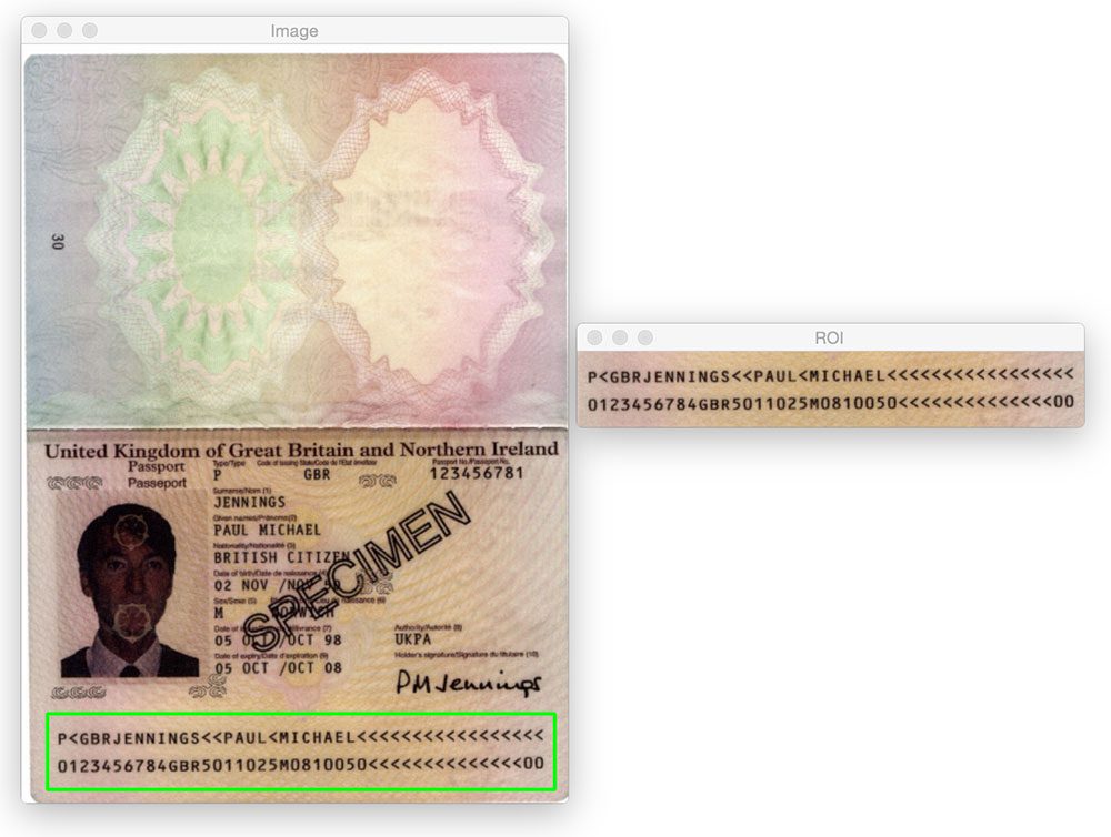 Figura 11: Detección de la MRZ en una imagen de pasaporte de tipo 3 utilizando Python y OpenCV.