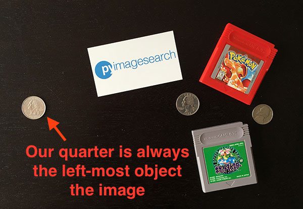 Figure 1: We'll identify our reference object based on location, hence we'll always ensure our quarter is the left-most object in the image.