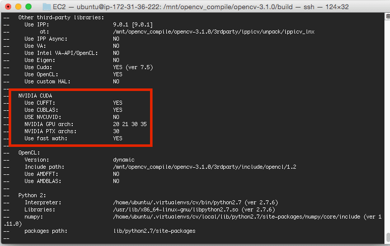 Figure 3: Examining the output of CMake to ensure OpenCV will be compiled with CUDA support.